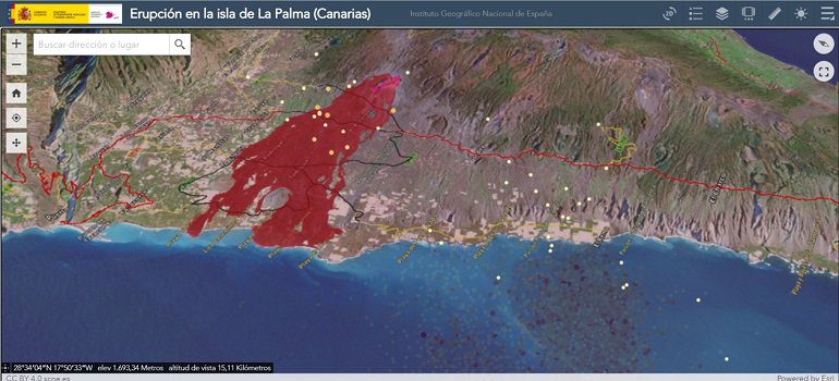 Visualizador 3D de las coladas de lava y qué zonas quedaron afectadas por el volcán de La Palma. También se incluye la posición en profundidad de los terremotos. Plataforma ArcGISS para la Seguridad de ESRI España