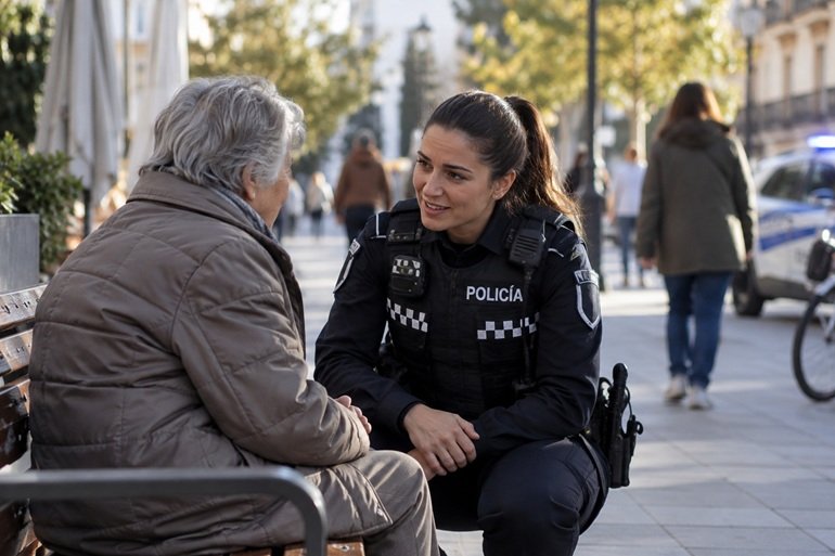 Agente de Policía conversa con una mujer mayor sentada en un banco en un entorno urbano.