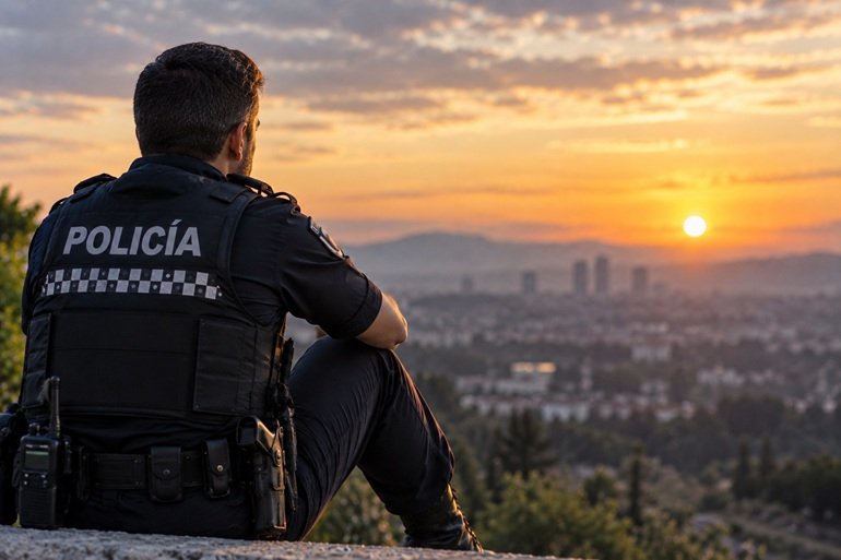 Agente de Policía sentado contempla la ciudad durante un momento de pausa al atardecer.
