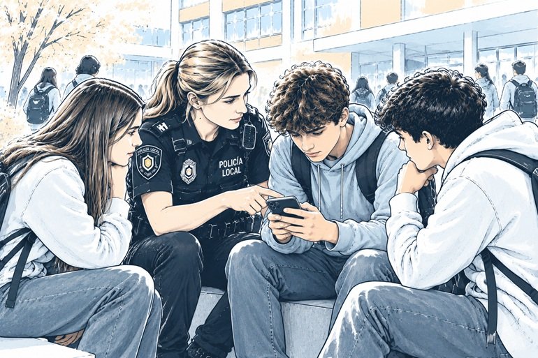Agente de Policía Local aborda con varios adolescentes los riesgos asociados al uso del teléfono móvil