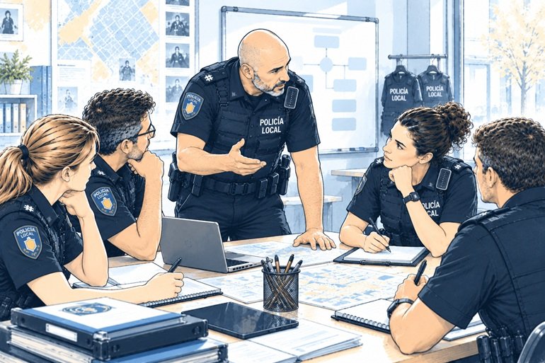 Varios agentes de Policía Local reunidos para coordinar su trabajo
